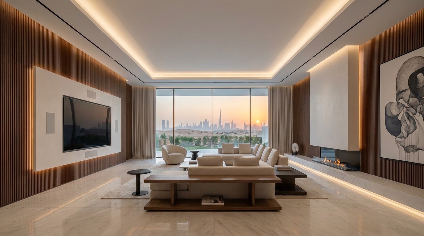 Finished luxury villa interior with integrated controls