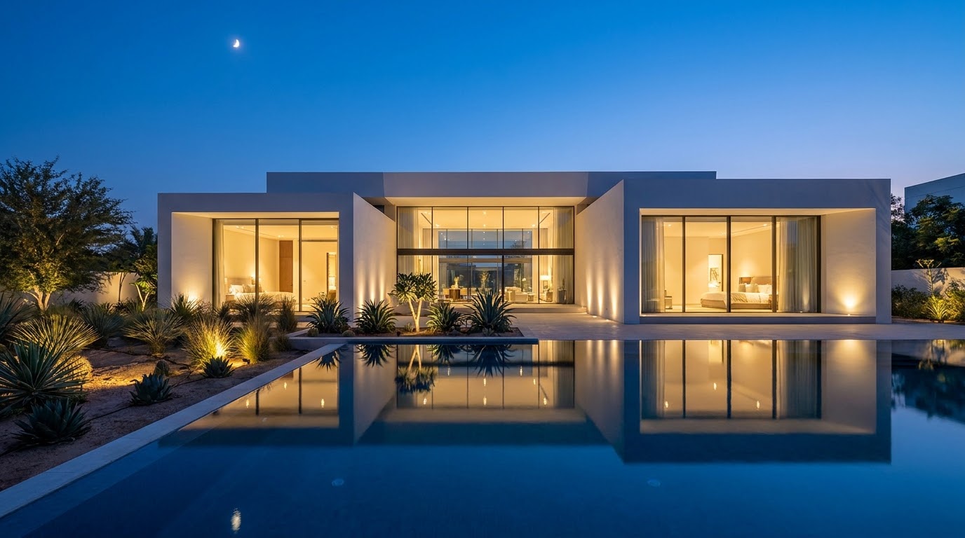 Illuminated contemporary villa reflected in a pool